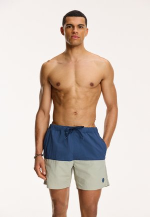 Shorts de bain pour hommes en marine et vert clair, fabriqués en tissu à séchage rapide. Ils disposent d'une taille élastique avec cordon de serrage et de poches latérales.