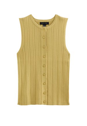 Mouwloos ribgebreid topje in mosterdgeel met ronde hals en acht knopen aan de voorkant.