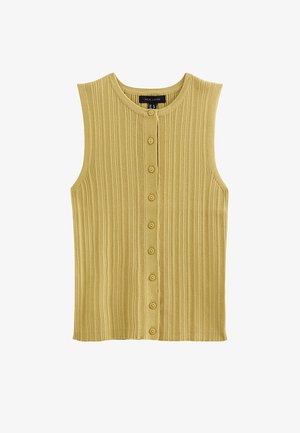 Haut débardeur en maille côtelée couleur jaune moutarde avec col rond et huit boutons sur le devant.