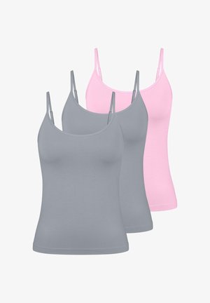 Trois camisoles en gris et rose clair. Fabriquées en tissu doux, avec des bretelles fines et une coupe ajustée.