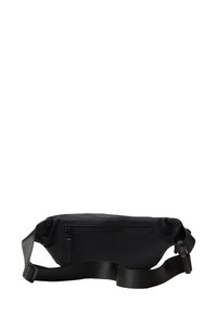 Marsupio in nylon nero con tasca con zip sul retro, cinturino regolabile e finitura liscia e opaca. Forma arrotondata con design minimalista.