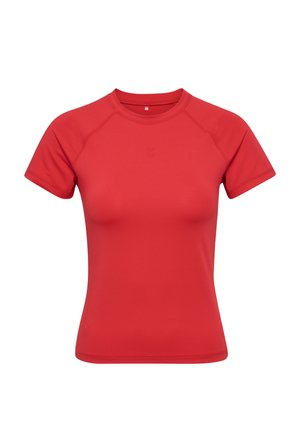 Röd tajt sport-t-shirt med kort ärm och rund halsringning på enfärgad vit bakgrund.