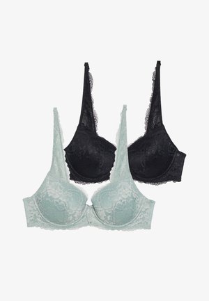 Melna un piparmētru zaļa mežģīņu krūšturi ar mīkstām krūšu cupām, regulējamām siksnām, sarežģītiem ziedu rakstiem un viļņotām mežģīņu malām.