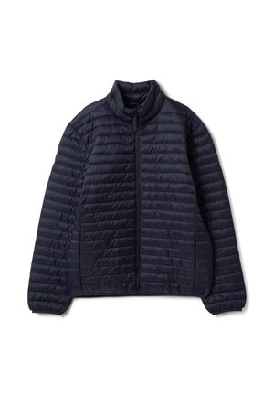 Marineblaue, leichte Steppjacke mit durchgehendem Frontreißverschluss und Stehkragen, entworfen für kaltes Wetter.