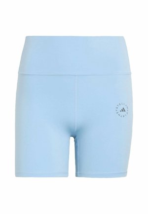 Light blue, high-waisted athletic shorts with flat seams and a small circular logo on the left thigh.