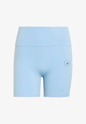 Pantaloncini sportivi azzurri chiaro a vita alta con cuciture piatte e un piccolo logo circolare sulla coscia sinistra.