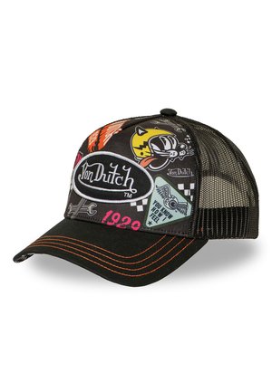 Gorra trucker de malla negra con parches de colores, incluyendo un gato de dibujos animados, logo "Von Dutch", llaves inglesas y el texto "1929" y "You know how I feel."