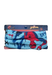 Spider-Man-geïnspireerde snood gemaakt van lichtgewicht stof, met een blauwe achtergrond en rode en zwarte graphics van Spider-Man en tekstaccenten.
