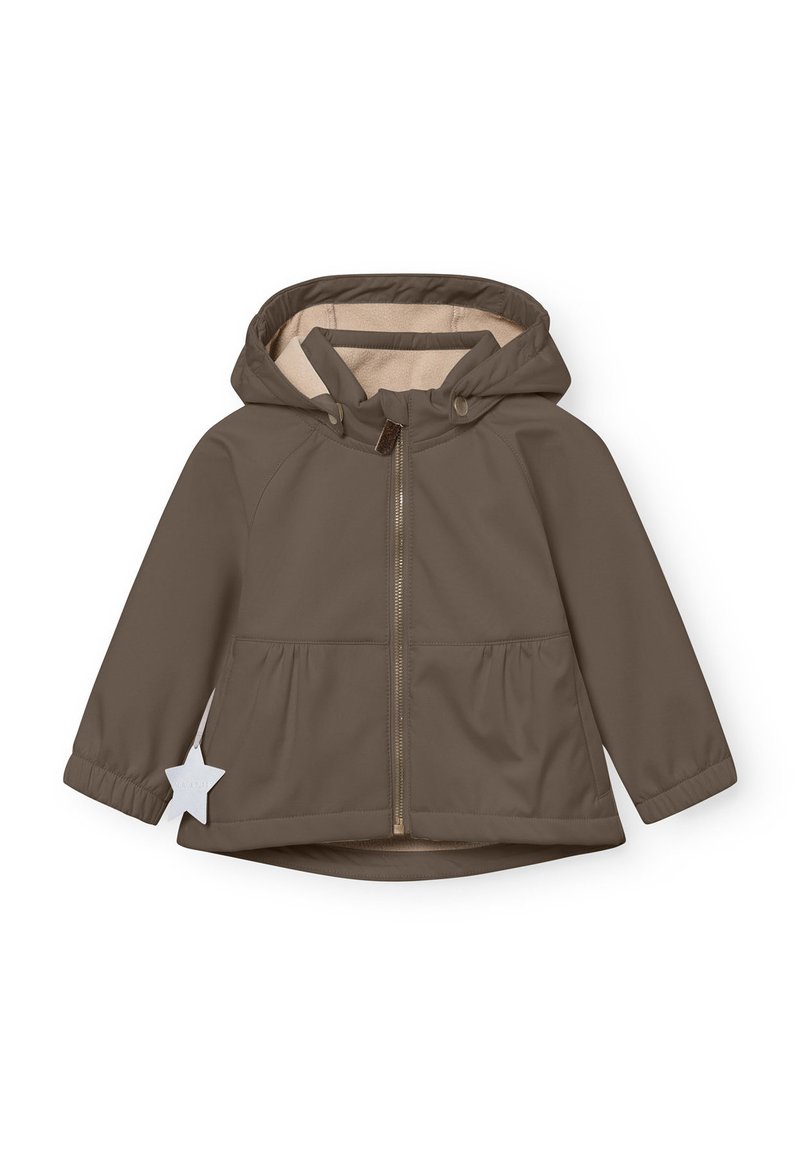 Braune Kapuzenjacke mit Reißverschluss vorne, mit einer strukturierten Innenfutter, elastischen Bündchen und einem gerafften Peplum-Saum. Sternförmiges Etikett angenäht.