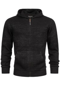 Schwarze Kapuzenjacke mit Reißverschluss aus strukturiertem Strickstoff. Verfügt über eine verstellbare Kapuze, gerippte Bündchen und zwei Fronttaschen.