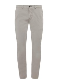 Helle graue Baumwollhose im Slim-Fit mit Knopfverschluss und Gürtelschlaufen. Glatte Textur und minimalistisches Design.
