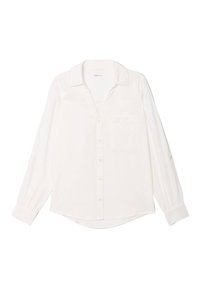 Chemise blanche à manches longues, col, poche poitrine unique et détails aux poignets. Fabriquée en tissu léger avec une texture lisse.