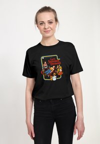 Czarny bawełniany t-shirt z kolorowym retro nadrukiem graficznym z napisem "Let's Summon Demons" oraz postaciami z kreskówek.