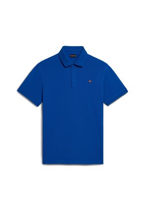 Blue short-sleeve polo shirt with a collar, three-button placket, and small flag emblem on the left chest.