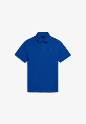 Blue short-sleeve polo shirt with a collar, three-button placket, and small flag emblem on the left chest.