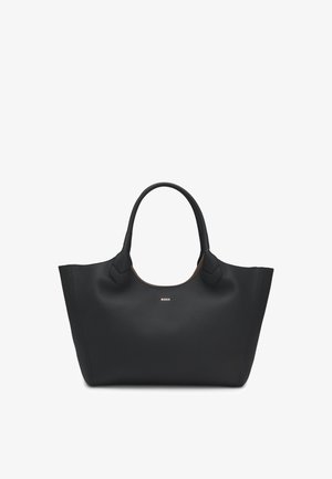 Geantă tote din piele neagră, cu o textură netedă, colțuri rotunde și două mânere. Dispune de un logo aurit pe față și un design cu partea de sus deschisă.