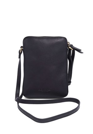 Sac bandoulière en cuir noir avec une longue sangle réglable, de forme rectangulaire et au design minimaliste sur fond blanc.