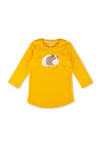 Yellow long-sleeve toddler shirt with round neck, featuring a smiling brown and white guinea pig illustration on the front.