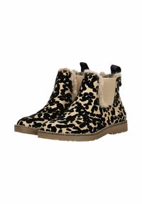 Stivali alla caviglia con stampa leopardata, caratterizzati da una morbida texture pelosa, pannelli laterali elastici e suola in gomma con tacco basso e linguetta di estrazione.