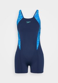 Navy swim suit with light blue patterned accents on the shoulders and sides, featuring a fitted design and sporty cut. Speedo logo displayed.