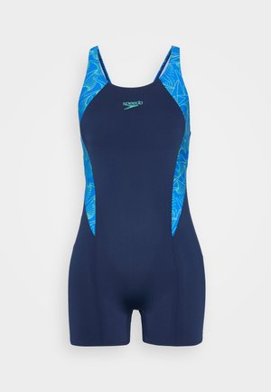 Navy swim suit with light blue patterned accents on the shoulders and sides, featuring a fitted design and sporty cut. Speedo logo displayed.