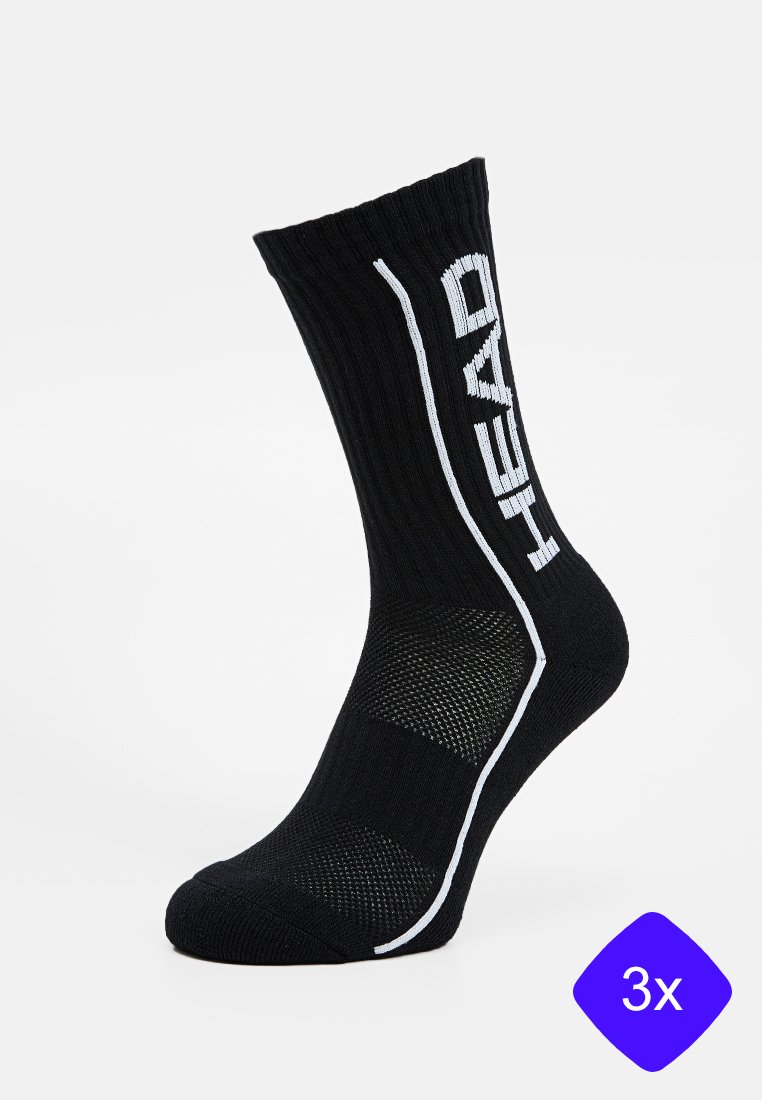 Calcetines deportivos negros con textura acanalada y acentos en blanco, con el logo "HEAD" en el lateral. Se incluyen tres pares.