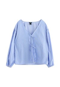Blå og hvid stribet bluse med V-udskæring og frontknude, der har lange, puffede ærmer og en let stofstruktur.