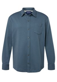 Camicia a maniche lunghe con bottone in tessuto blu scuro, dotata di una singola tasca sul petto e bottoni argento a contrasto lungo il davanti.