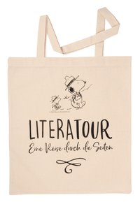 Borsa in cotone, colore crema, con illustrazioni nere di Snoopy e il testo "LITERATOUR Una Viaggio tra le Pagine" in caratteri diversi.