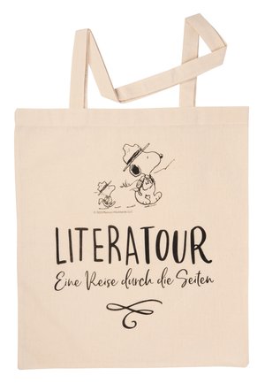Baumwolltragetasche in Cremefarbe, mit schwarzen Illustrationen von Snoopy und dem Text "LITERATOUR Eine Reise durch die Seiten" in verschiedenen Schriftarten.