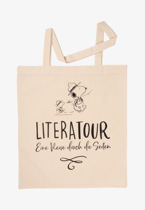 Baumwolltragetasche in Cremefarbe, mit schwarzen Illustrationen von Snoopy und dem Text "LITERATOUR Eine Reise durch die Seiten" in verschiedenen Schriftarten.