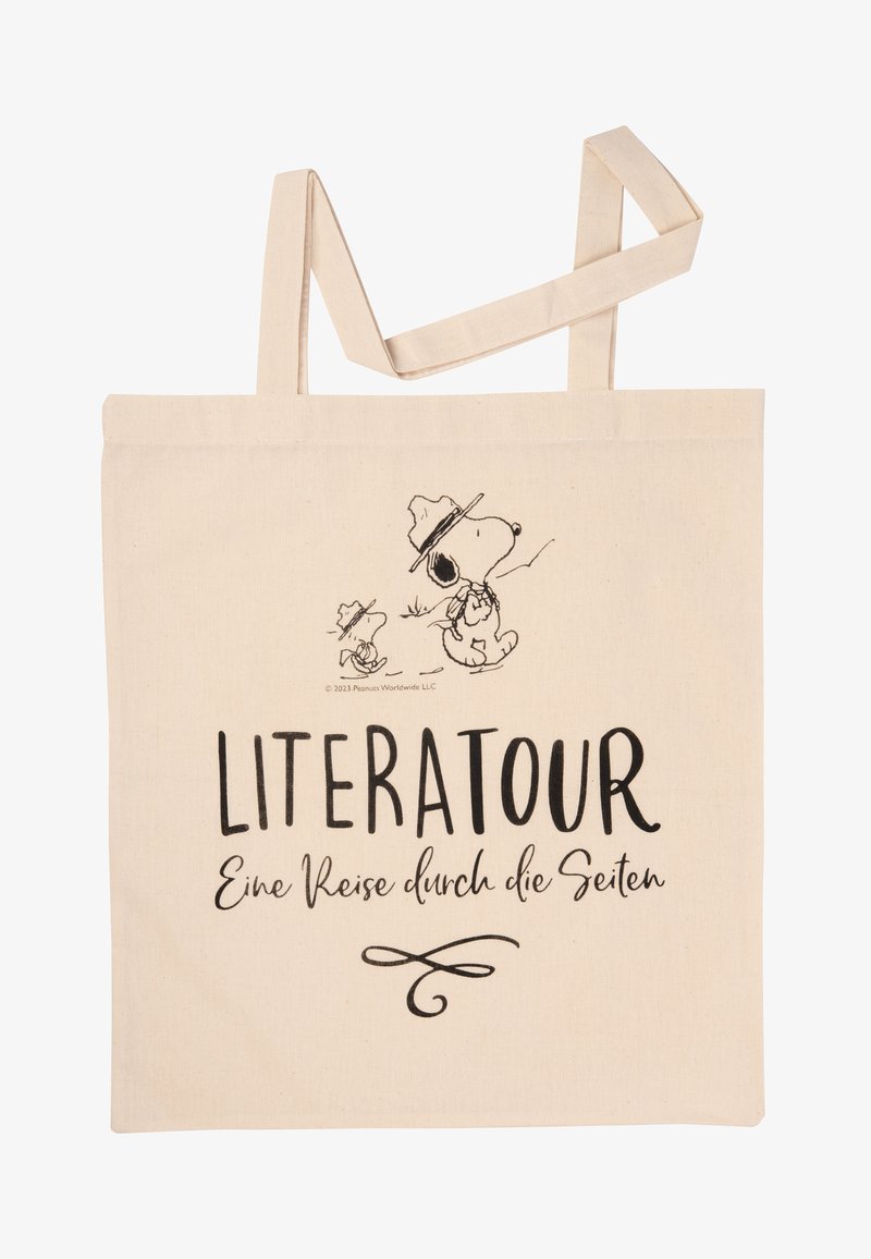 Borsa in cotone, colore crema, con illustrazioni nere di Snoopy e il testo "LITERATOUR Una Viaggio tra le Pagine" in caratteri diversi.