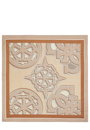 Silk scarf featuring intricate cream and brown patterns, including geometric shapes and dots, framed by a contrasting border.