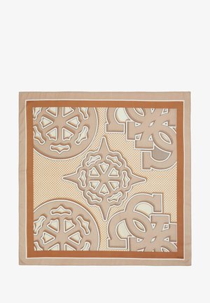 Silk scarf featuring intricate cream and brown patterns, including geometric shapes and dots, framed by a contrasting border.
