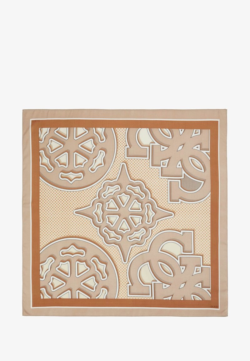 Selyem sál, amely bonyolult krém és barna mintákkal, beleértve geometriai alakzatokat és pöttyöket, kontrasztos kerettel van keretezve.