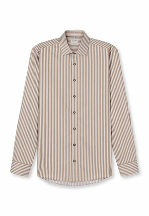Hemd mit Knopfleiste in Hellbraun mit weißen vertikalen Streifen. Verfügt über einen klassischen Kragen, lange Ärmel und fünf braune Knöpfe auf der Vorderseite.