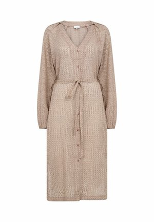 Beige midi-jurk met patroon, lange mouwen, knoopsluiting aan de voorkant, V-hals en ceintuur om de taille.