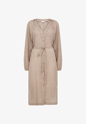 Bež midi obleka z vzorcem, dolgimi rokavi, gumbi spredaj, V-izrezom in pasnim trakom za zavezovanje.