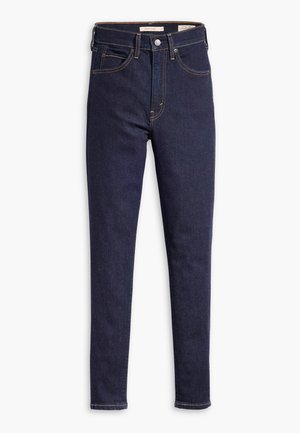 Donkerblauwe high-waisted jeans van denim, met vijf zakken, contrasterende stiksels en een slim-fit ontwerp met rechte pijpen.