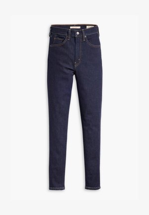 Dark blue high-waisted jeans made of denim, featuring five pockets, contrasting stitching, and a slim-fit design with a straight leg.