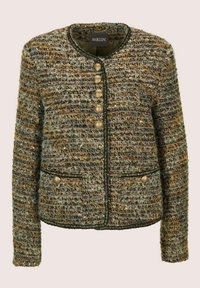 Gewebte Tweedjacke mit langen Ärmeln, rundem Ausschnitt, fünf metallischen Knöpfen auf der Vorderseite und zwei vorderen Taschen mit Knopfdetails.