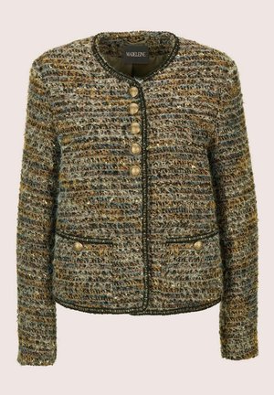 Tweedy jacket featuring a mix of brown and blue hues, gold threading, gold buttons, round neckline, and two front pockets.