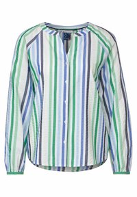 Randig skjorta med knappar som har vertikala ränder i grön, blå, vit och grå. Mjuk tyg med rund halsringning och långa ärmar.