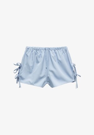 Lichtblauwe geruite zwembroek met een elastische tailleband en trekkoord. Heeft strikjes aan de zijkanten voor een verstelbare pasvorm.