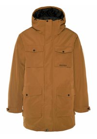 Parka marron à capuche avec quatre poches avant à rabat, doublure intérieure noire, poignets boutonnés et le mot "PROTEST" sur la poche poitrine.