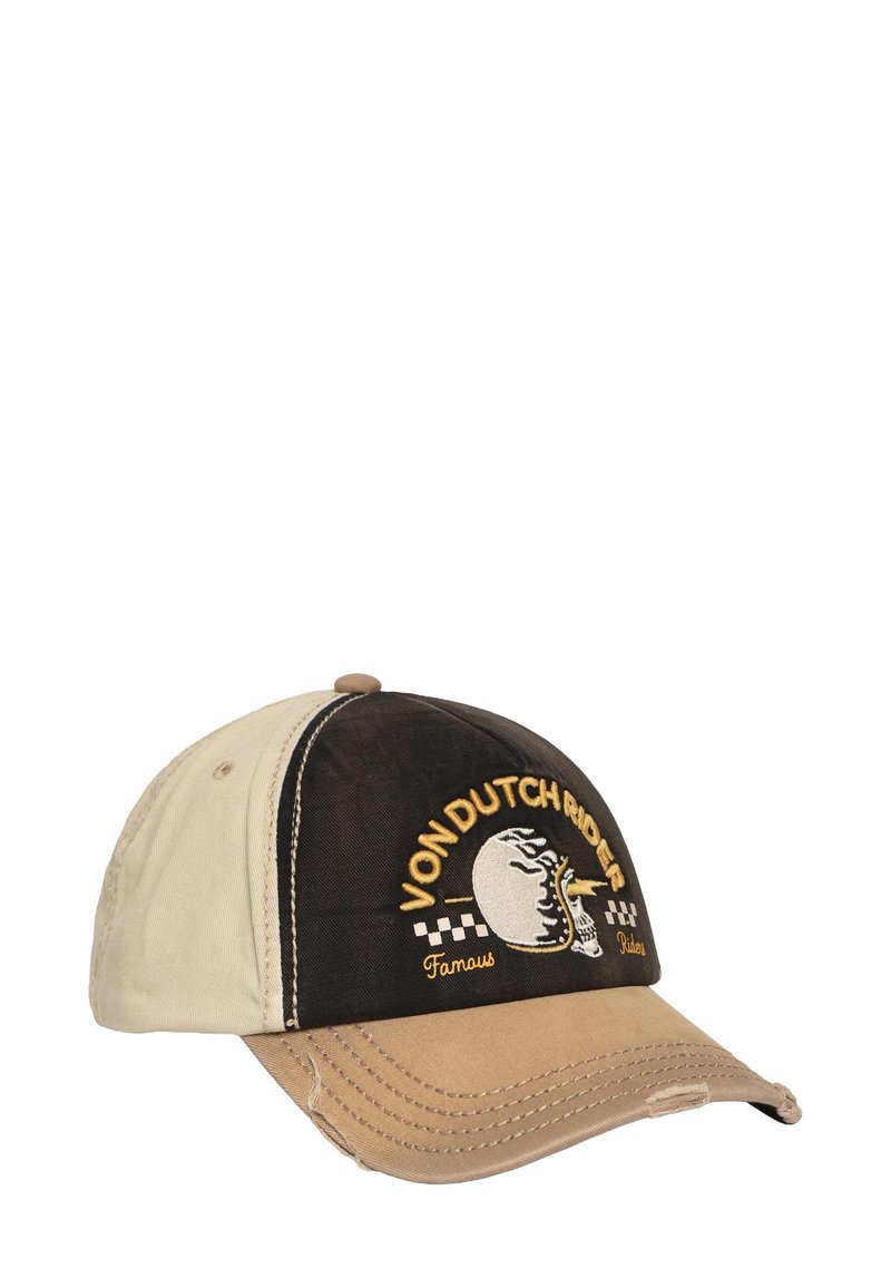 Gorra de béisbol con una parte delantera negra y lados beige; presenta un logo bordado con un patrón a cuadros y detalles de costura visibles.