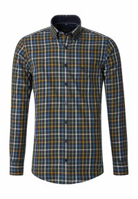 Overhemd met knoopsluiting, voorzien van een geruit patroon in marineblauw, blauw, geel en crème. Lange mouwen, kraag en een enkele borstzak.