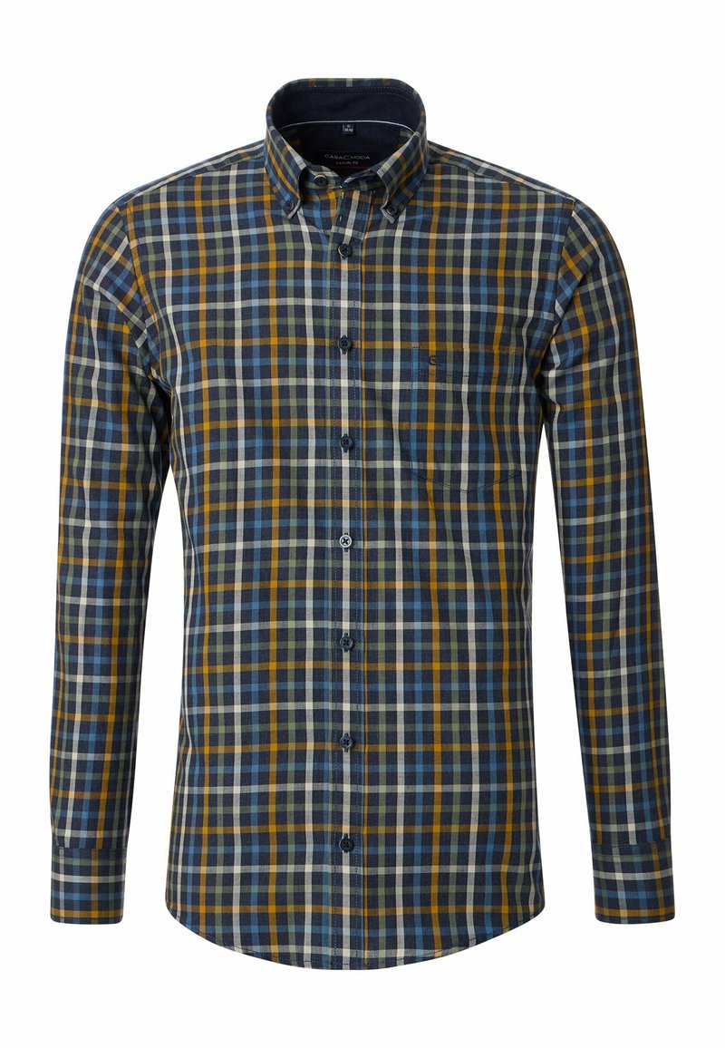 Overhemd met knoopsluiting, voorzien van een geruit patroon in marineblauw, blauw, geel en crème. Lange mouwen, kraag en een enkele borstzak.