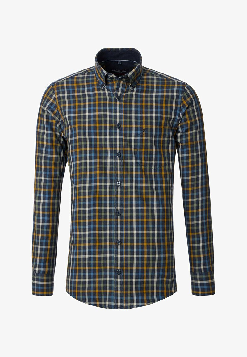 Overhemd met knoopsluiting, voorzien van een geruit patroon in marineblauw, blauw, geel en crème. Lange mouwen, kraag en een enkele borstzak.