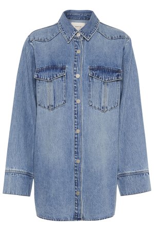 Šviesiai mėlynas džinsinis marškinis su mygtukų užsegimu, dviem krūtinės kišenėmis ir apykakle. Yra išblukusių vietų ir kontrastingos siūlės.